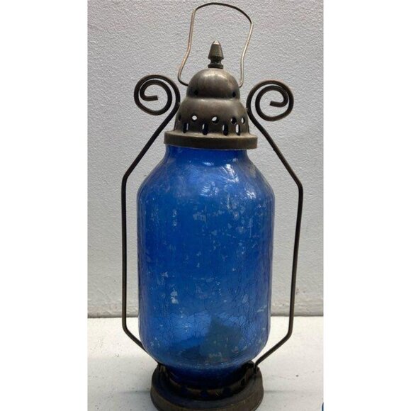 Vintage Blue Glass Courters Lantern With Metal Frame And Handle - Picture 1 of 5